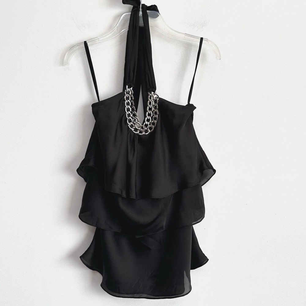White House Black Market WHBM Tiered Halter Top 4 Black Chain Link Neckline NEW‎